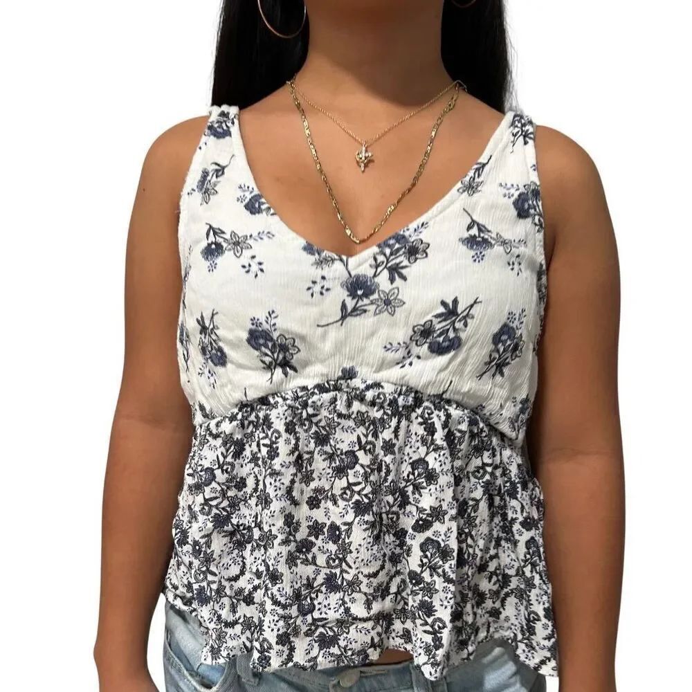 Hollister Blue White Floral Peplum Tank Top Women’s Small Sleeveless Summer Blou